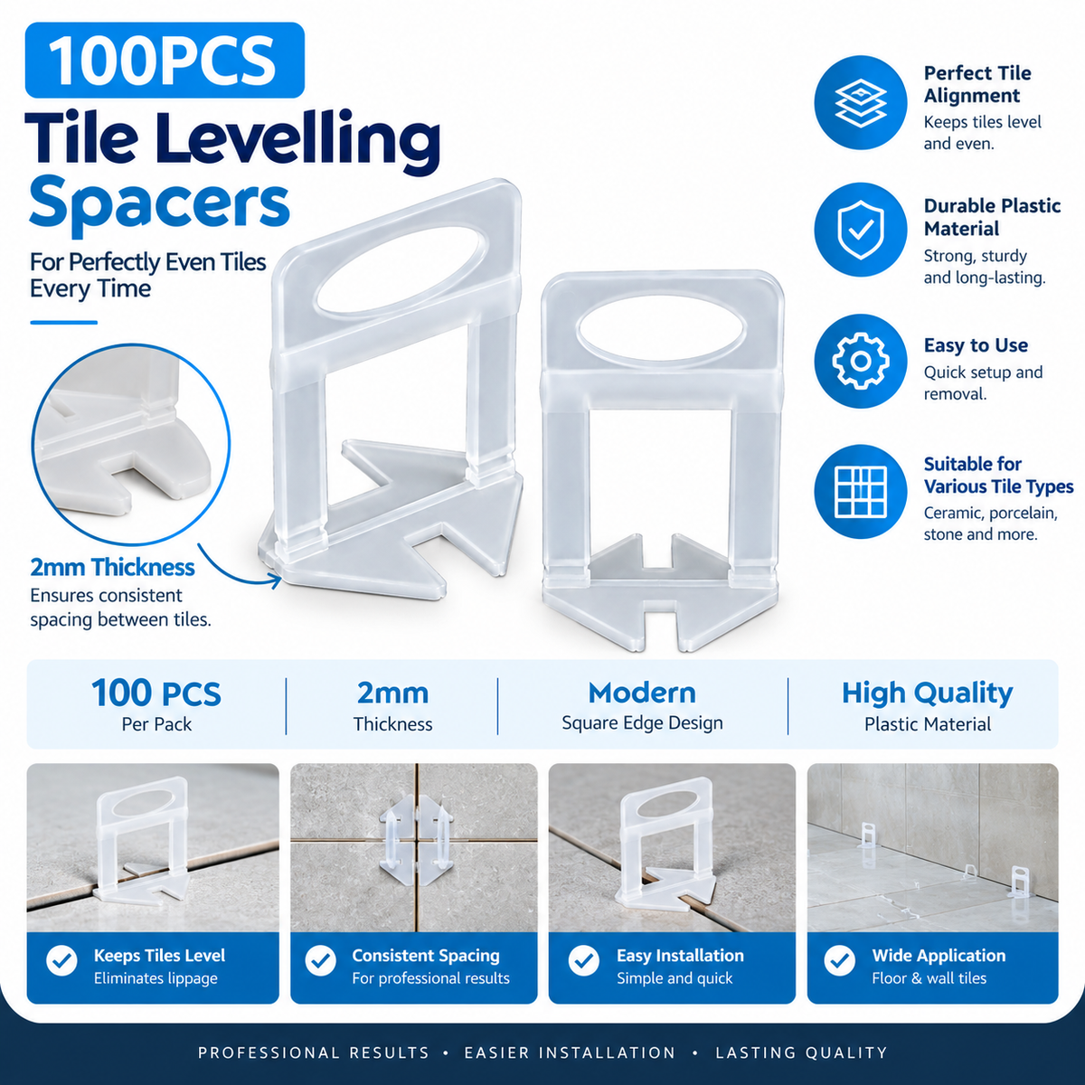 Tiled Up Tile Levelling Clips – 100 Pack, 2mm Spacing
