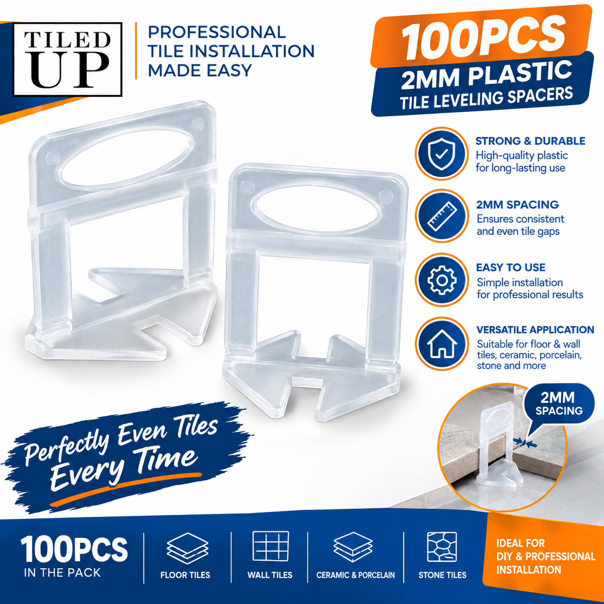 Tiled Up Tile Levelling Clips – 100 Pack, 2mm Spacing