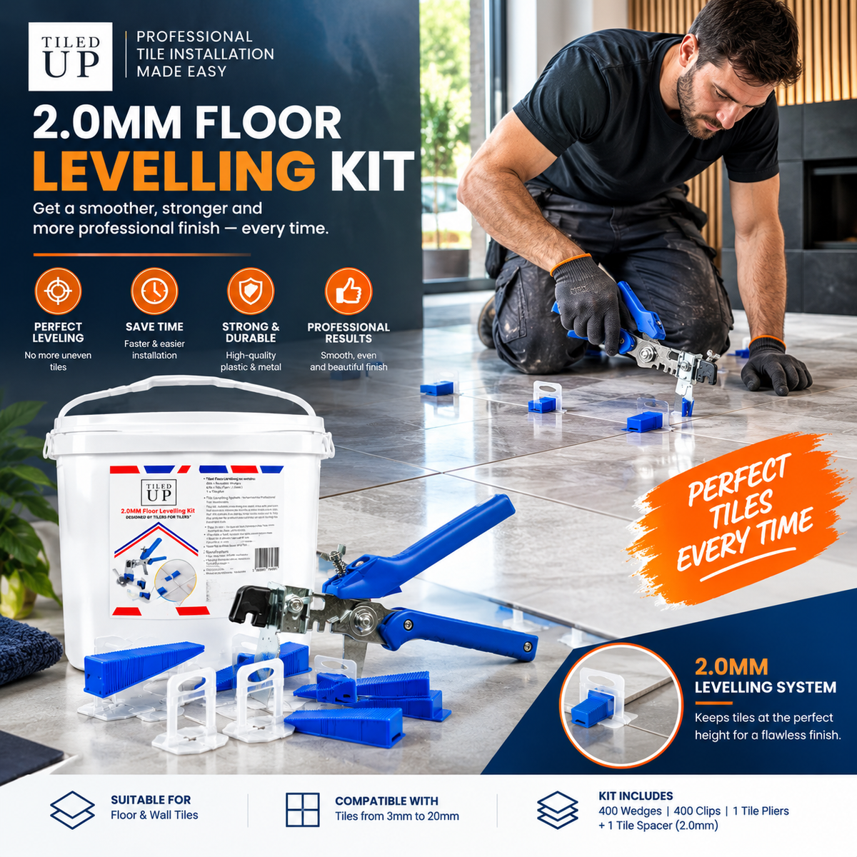 Tiled Up Tile Levelling Kit – Plier, 400 Clips & 400 Reusable Wedges