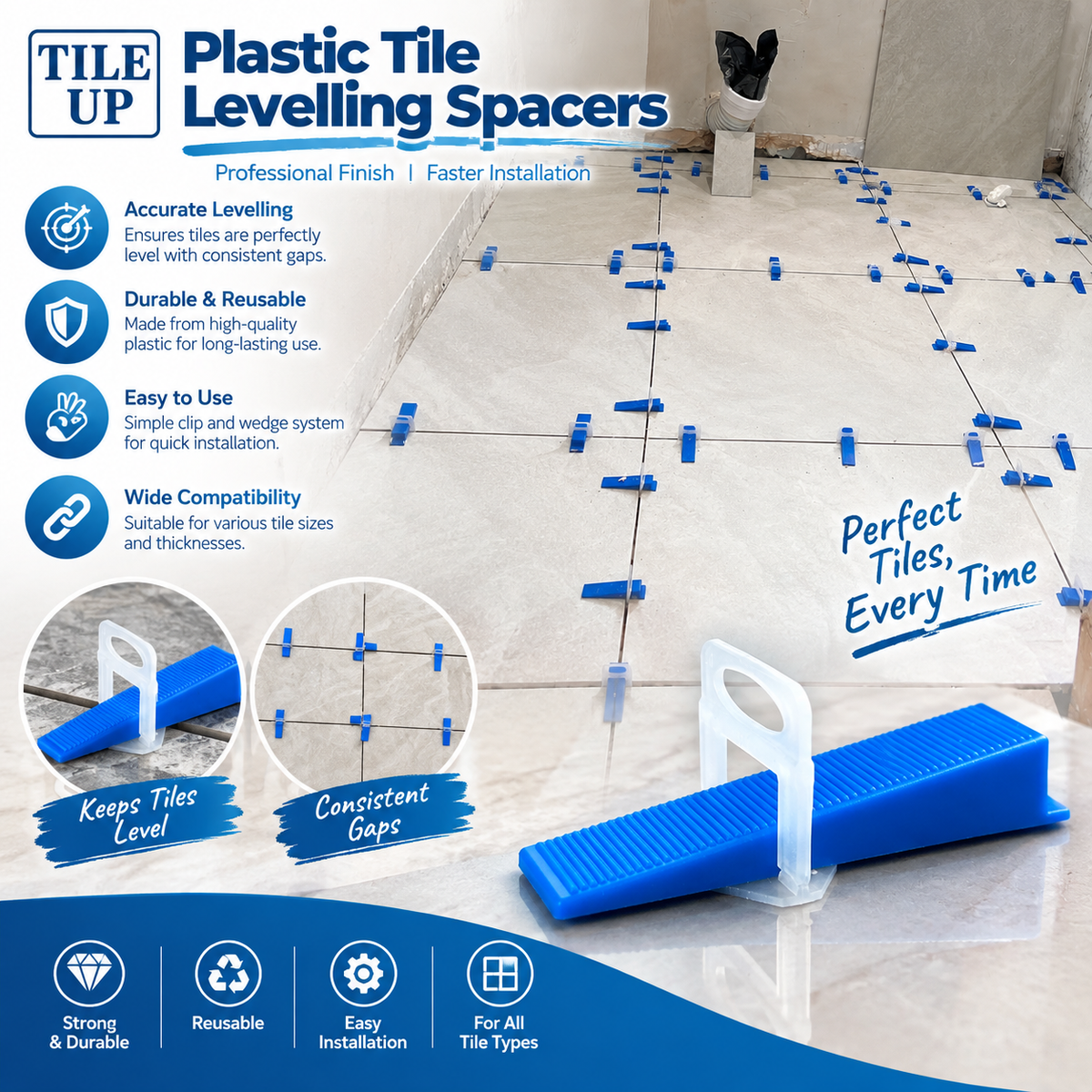 Tiled Up Tile Levelling Kit – Plier, 400 Clips & 400 Reusable Wedges