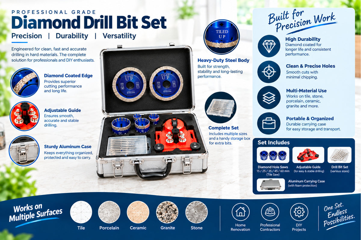 9-Piece Diamond Drill Bit Set – 15, 25, 35, 45 & 60mm Tile Hole Saws